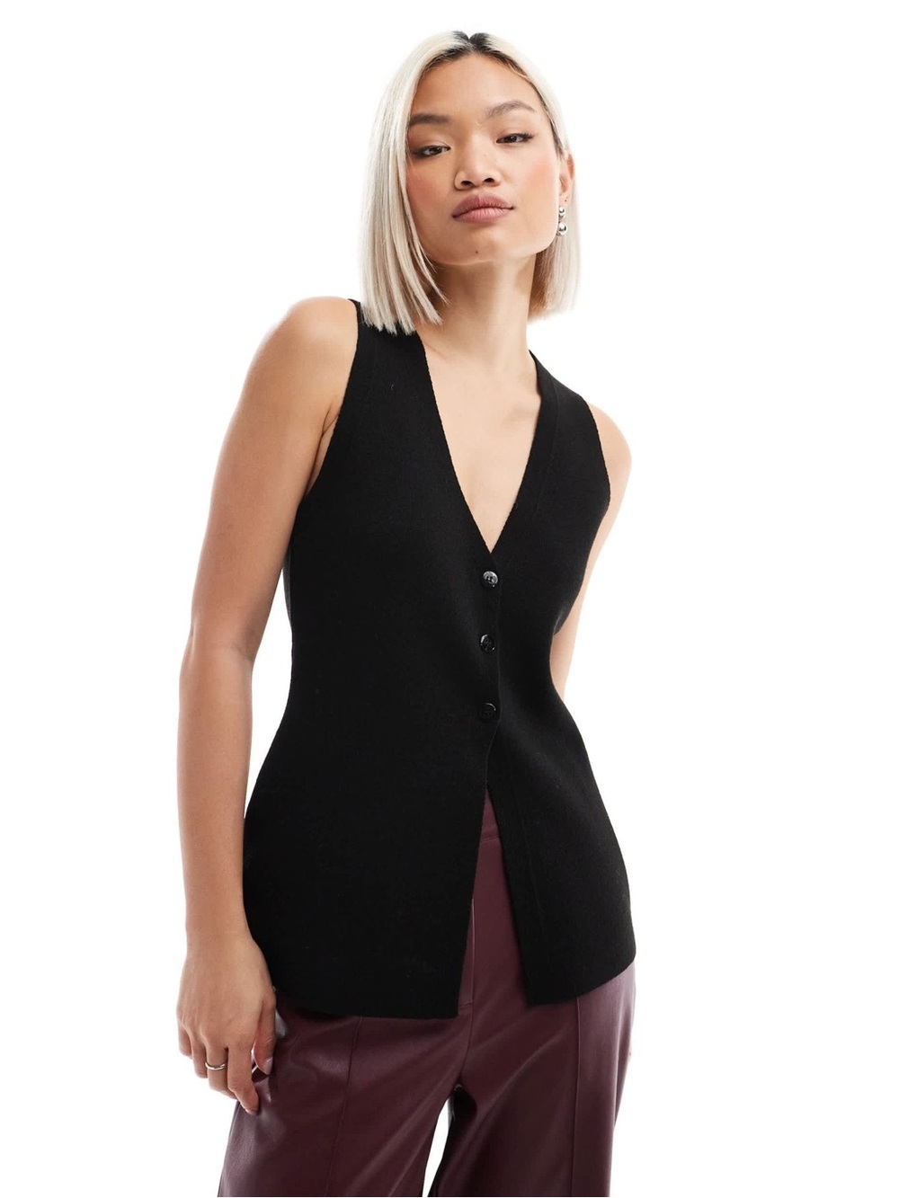 ASOS DESIGN Black knitted compact v neck waistcoat with split detail Womens XS